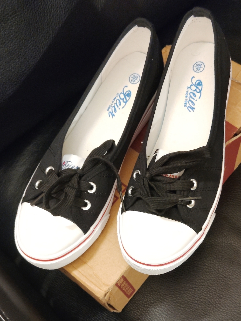 Black Canvas Lace-Up Women's Sneakers with White Toe and Red Accent